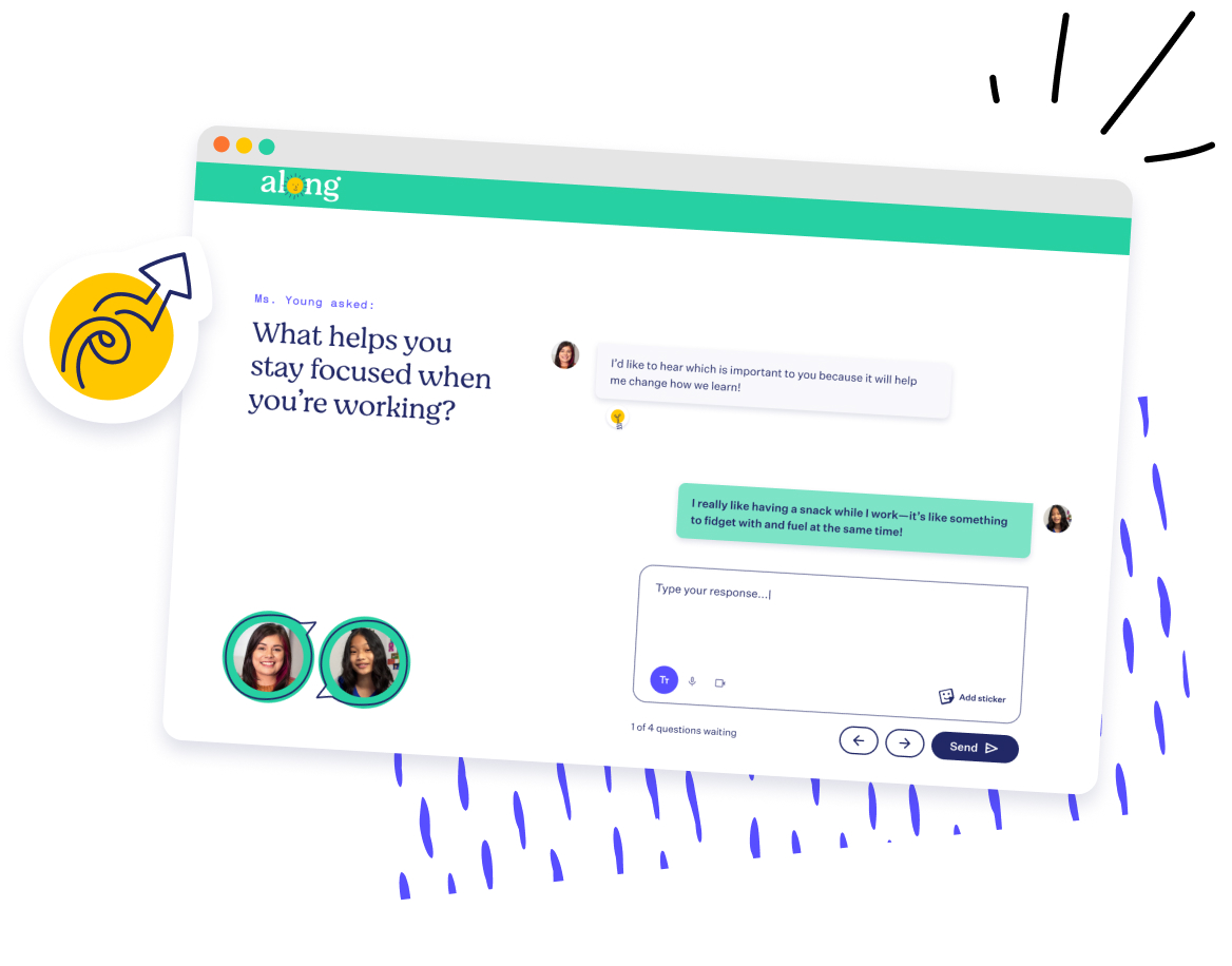Screenshot of the Along platform showing a teacher-student chat interface. The question ‘What helps you stay focused when you’re working?’ is displayed, with student responses and a text input box for replying.